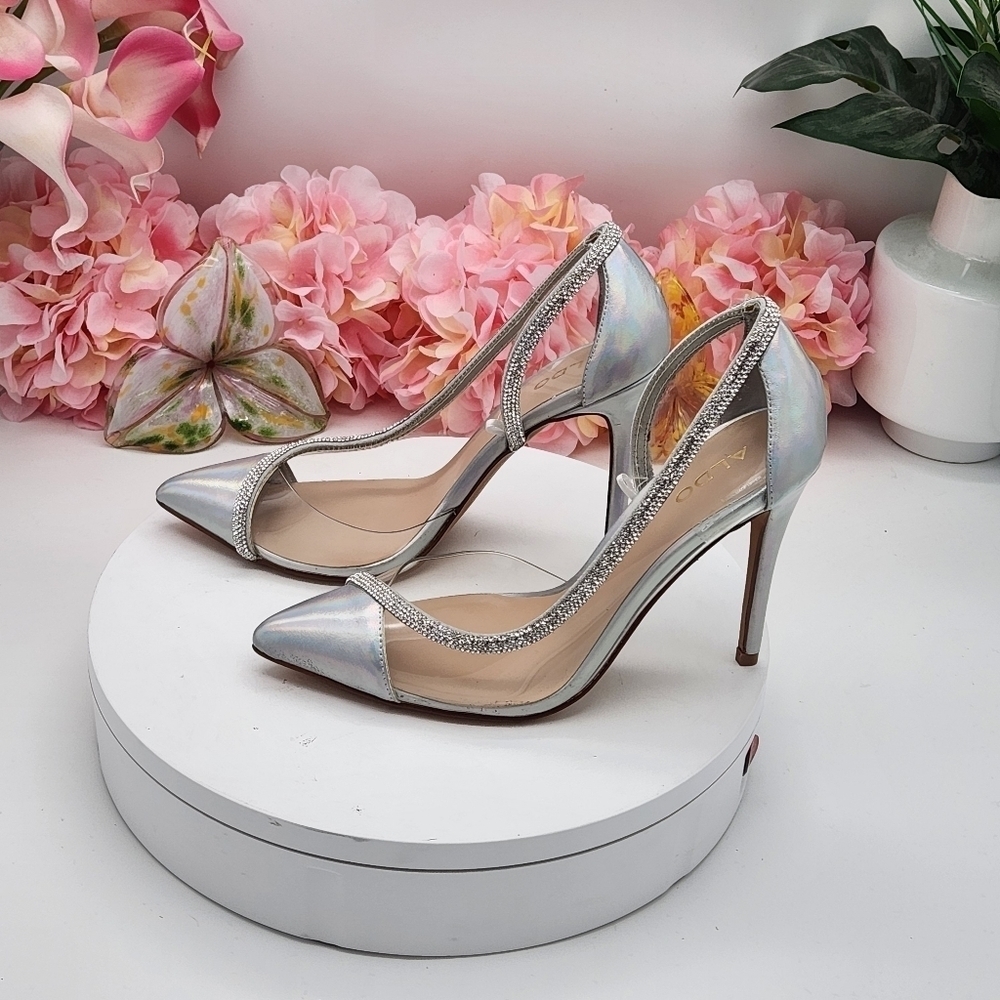 Aldo Fibeth Silver Rhinestone Clear Sexy Christmas Party Heels Sz 7.5